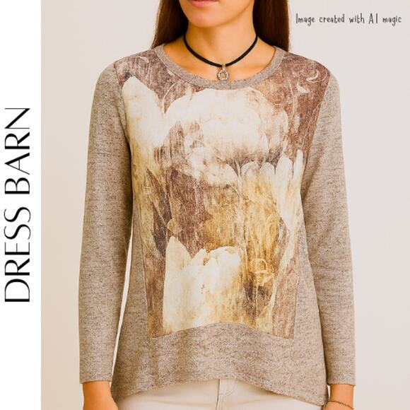 DRESS BARN Oatmeal Knit & Floral Pullover Top, M - Picture 1 of 9